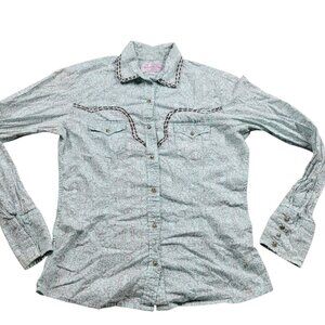 Panhandle Pearl Snap Shirt Women’s Small Blue Geometric Western Cowgirl Read*